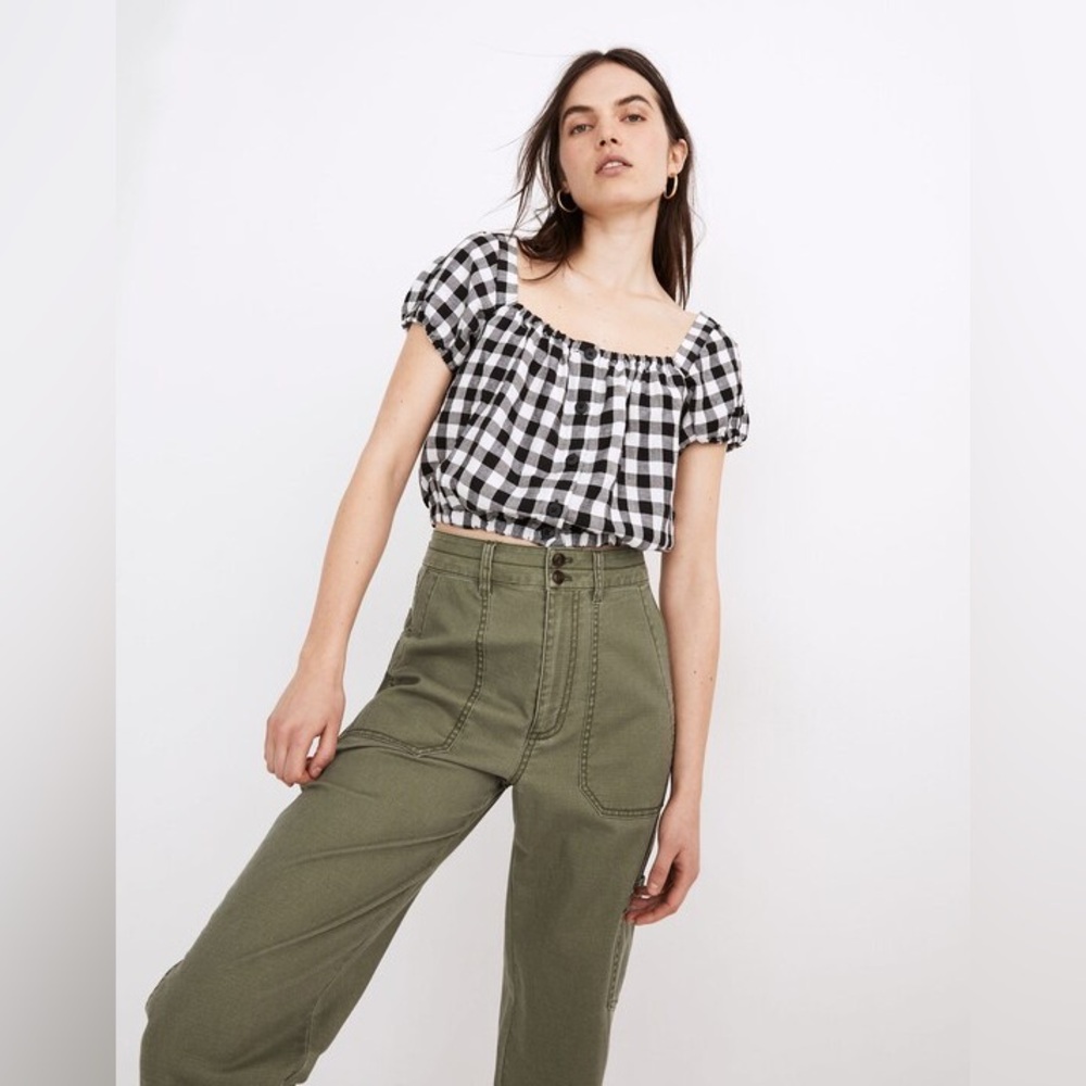 NWOT Madewell Linen-Blend Puff-Sleeve Button-Front Crop Top in Gingham Check XXS